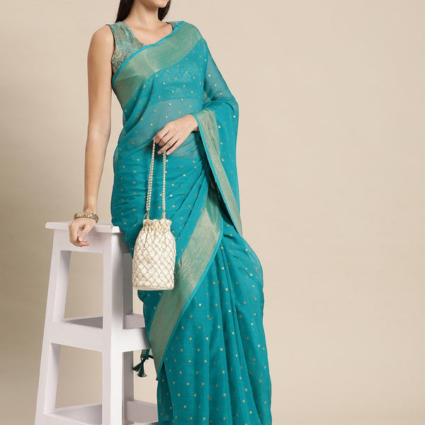 Mitera Blue & Gold-Toned Floral Zari Pure Chiffon Saree - Distacart