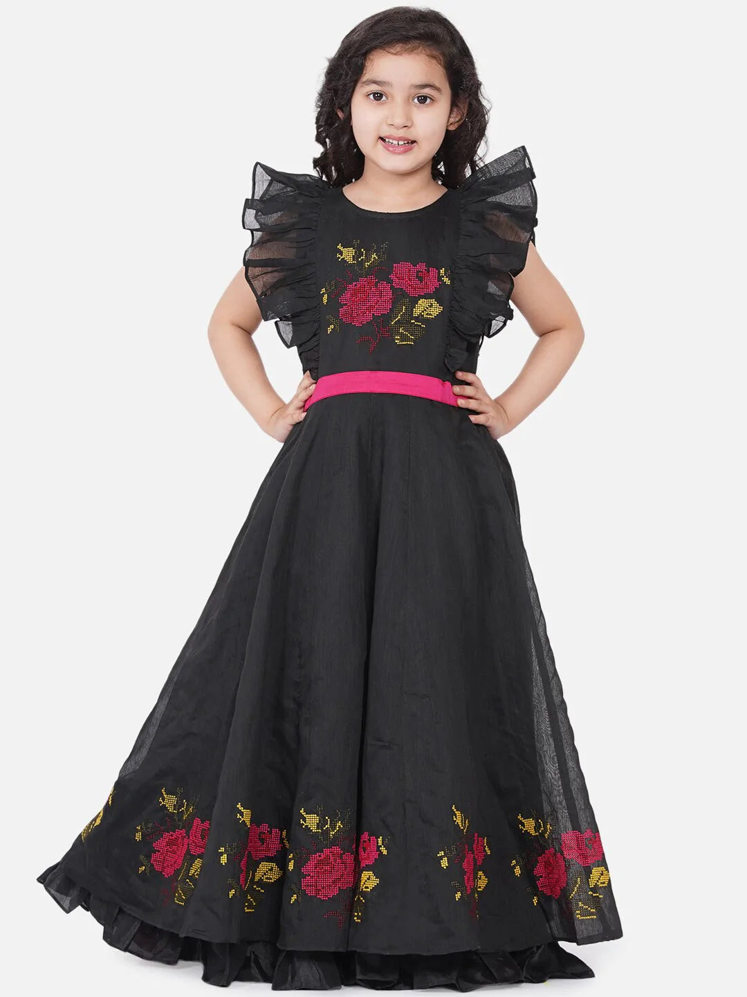 NOZ2TOZ Black Embroidered Flutter Sleeves Maxi Dress For Girls - Distacart