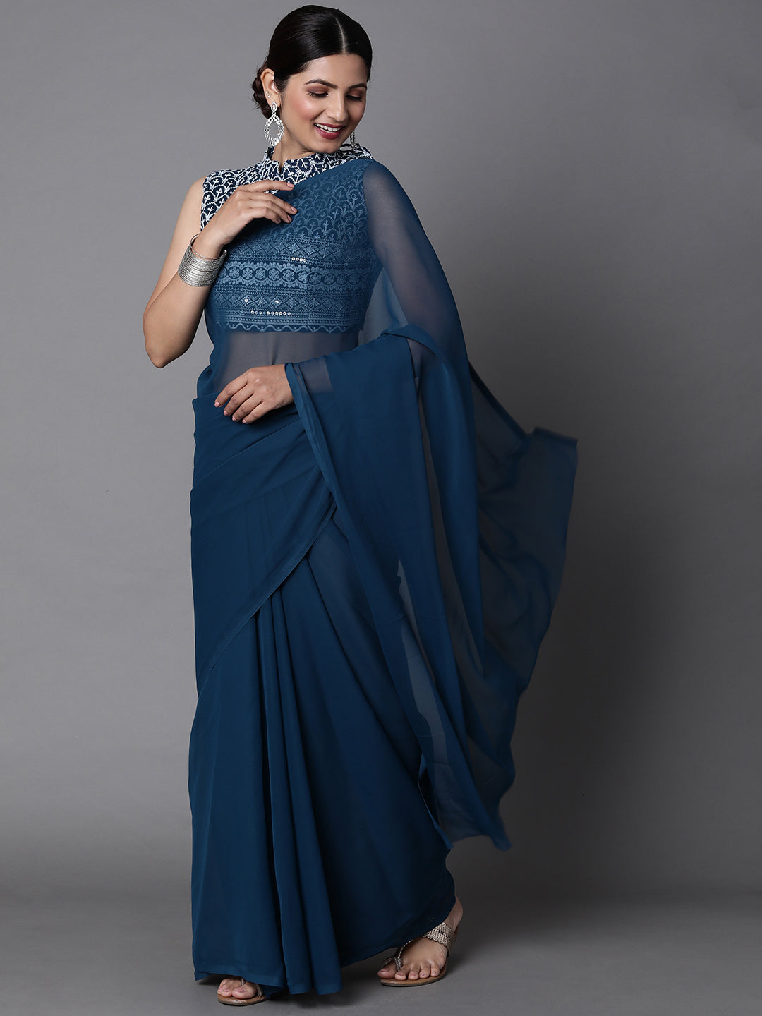 Mitera Teal Blue Solid Pure Georgette Saree - Distacart