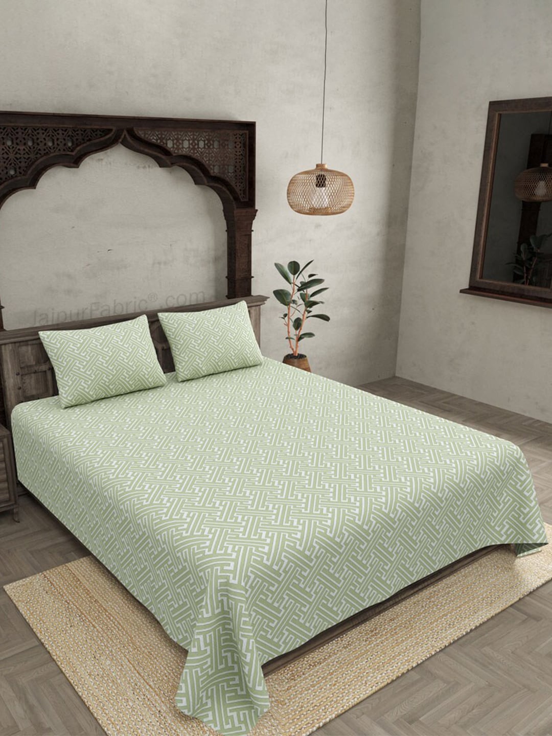 JAIPUR FABRIC Green & White Ethnic Motifs 250 TC Cotton King Bedsheet with 2 Pillow Covers - Distacart