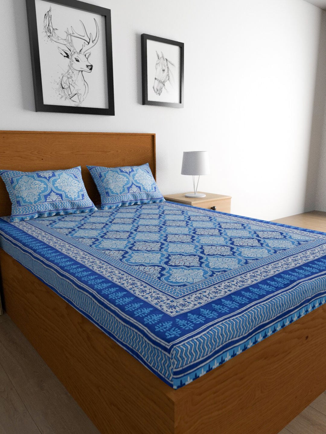 Urban Magic Blue Printed Cotton 104 TC King Bedsheet with 2 Pillow Covers - Distacart