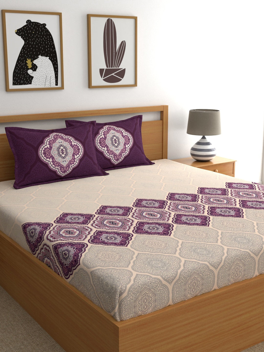 Dreamscape Purple & Cream-Coloured 144 TC Bedsheet with Pillow Covers - Distacart