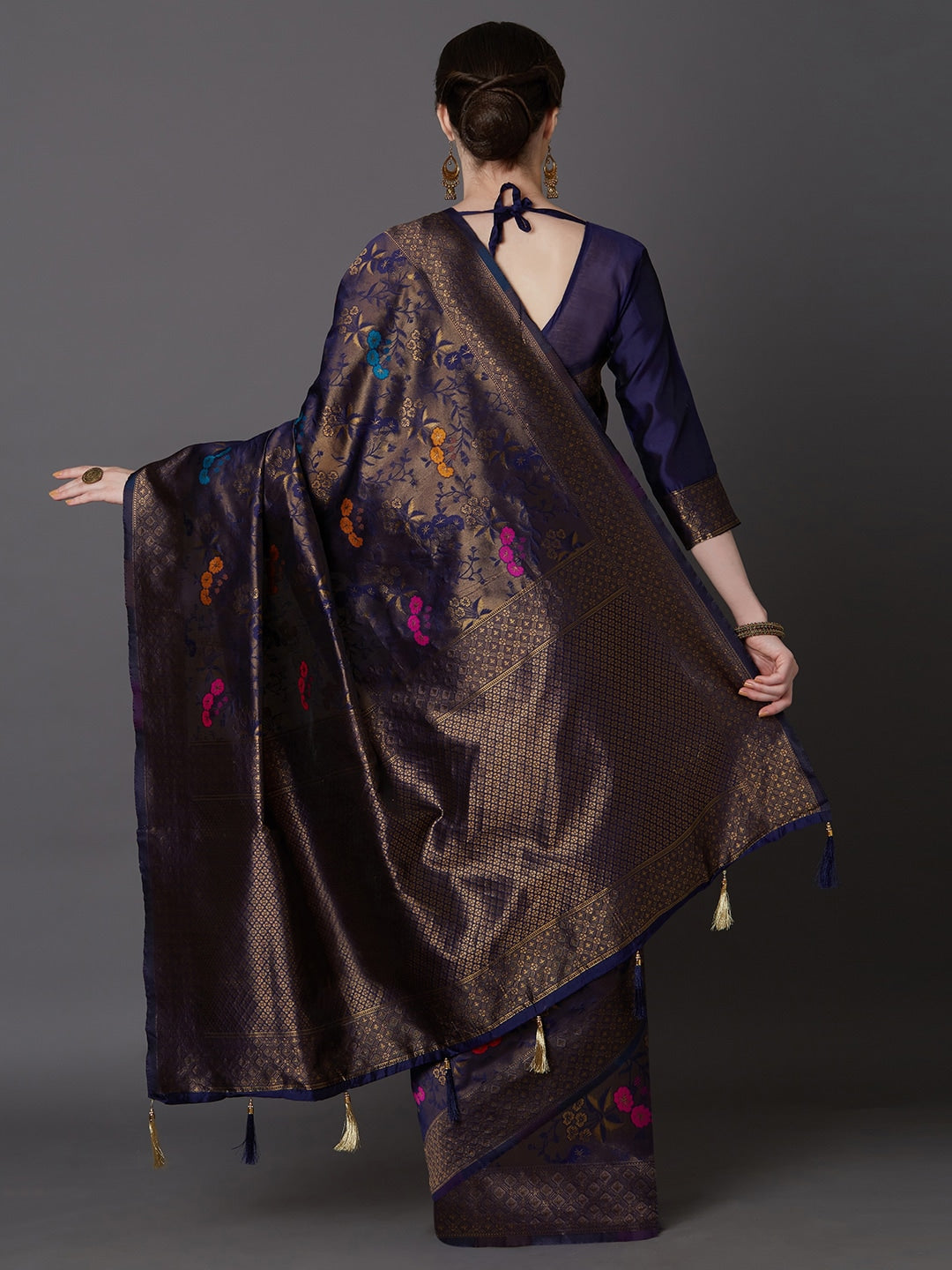 Mitera Navy Blue & Gold-Coloured Silk Blend Woven Design Kanjeevaram Saree - Distacart