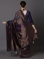 Thumbnail for Mitera Navy Blue & Gold-Coloured Silk Blend Woven Design Kanjeevaram Saree - Distacart