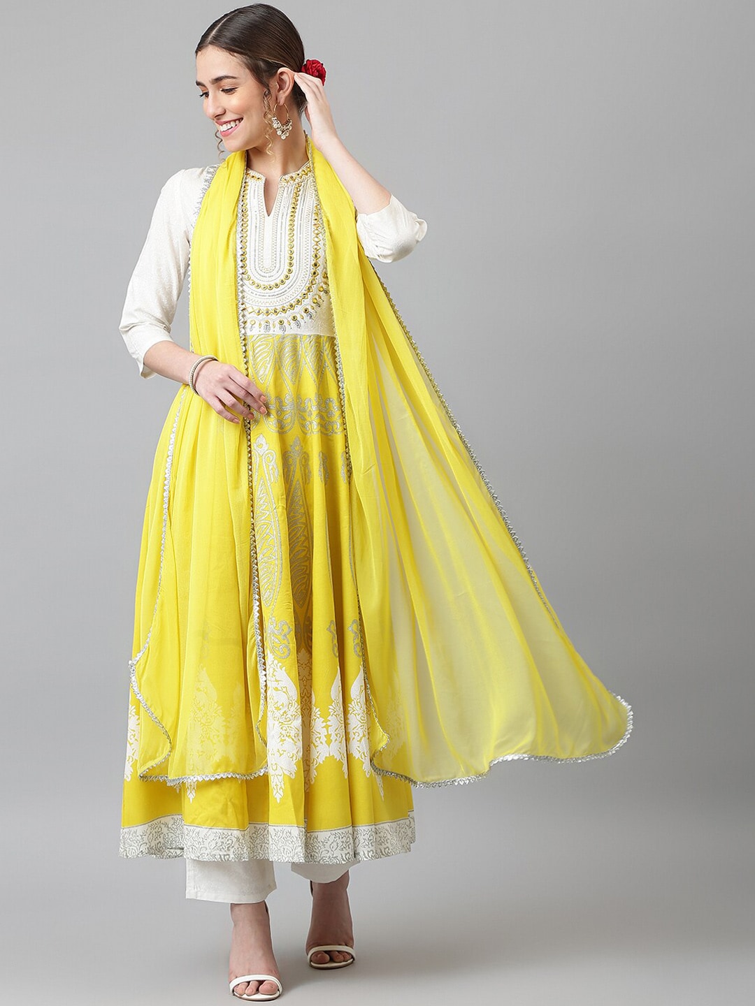 Khushal K Ethnic Motif Embroidered Band Collar Thread Work Kurta with Palazzos & Dupatta - Distacart