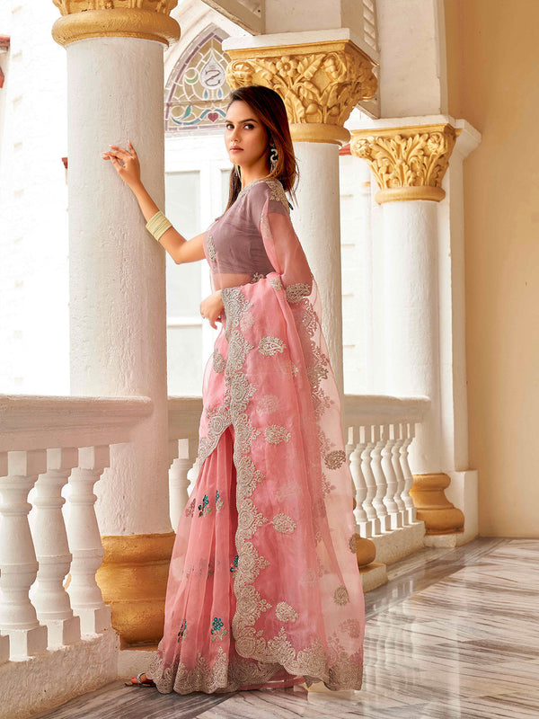 Tikhi Imli Floral Beads and Stones Organza Heavy Work Saree - Distacart