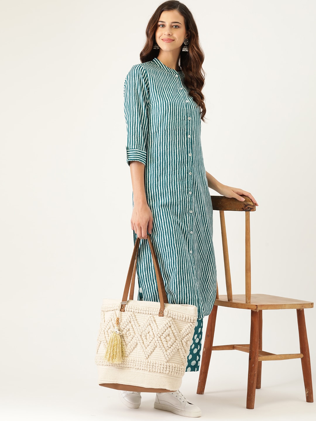 Sangria Women Teal Blue Striped Pure Cotton Kurta with Palazzos - Distacart