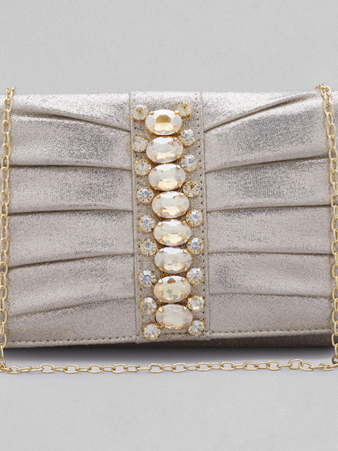 Rubans Silver-Toned & White Textured Embellished Envelope Clutch - Distacart