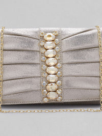 Thumbnail for Rubans Silver-Toned & White Textured Embellished Envelope Clutch - Distacart
