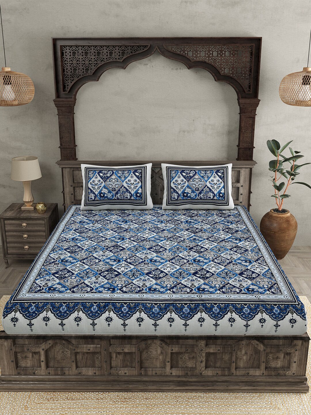 JAIPUR FABRIC Festival Waves Blue & White Cotton 210 TC Queen Bedsheet & 2 Pillow Covers - Distacart