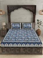 Thumbnail for JAIPUR FABRIC Festival Waves Blue & White Cotton 210 TC Queen Bedsheet & 2 Pillow Covers - Distacart