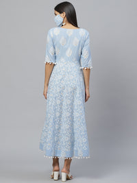Thumbnail for Libas Blue & White Ethnic Motifs Printed Cotton Maxi Dress - Distacart