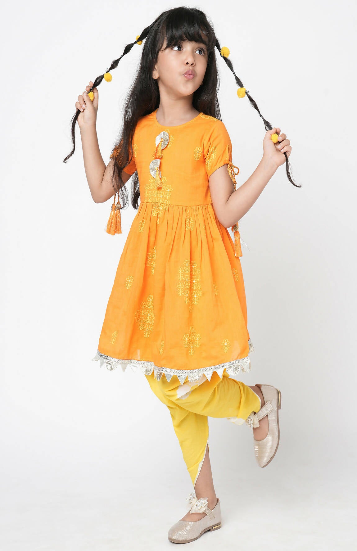 Lil Drama Marigold Magic Girls Orange Embroidered Kurta With Dhoti Set - Distacart