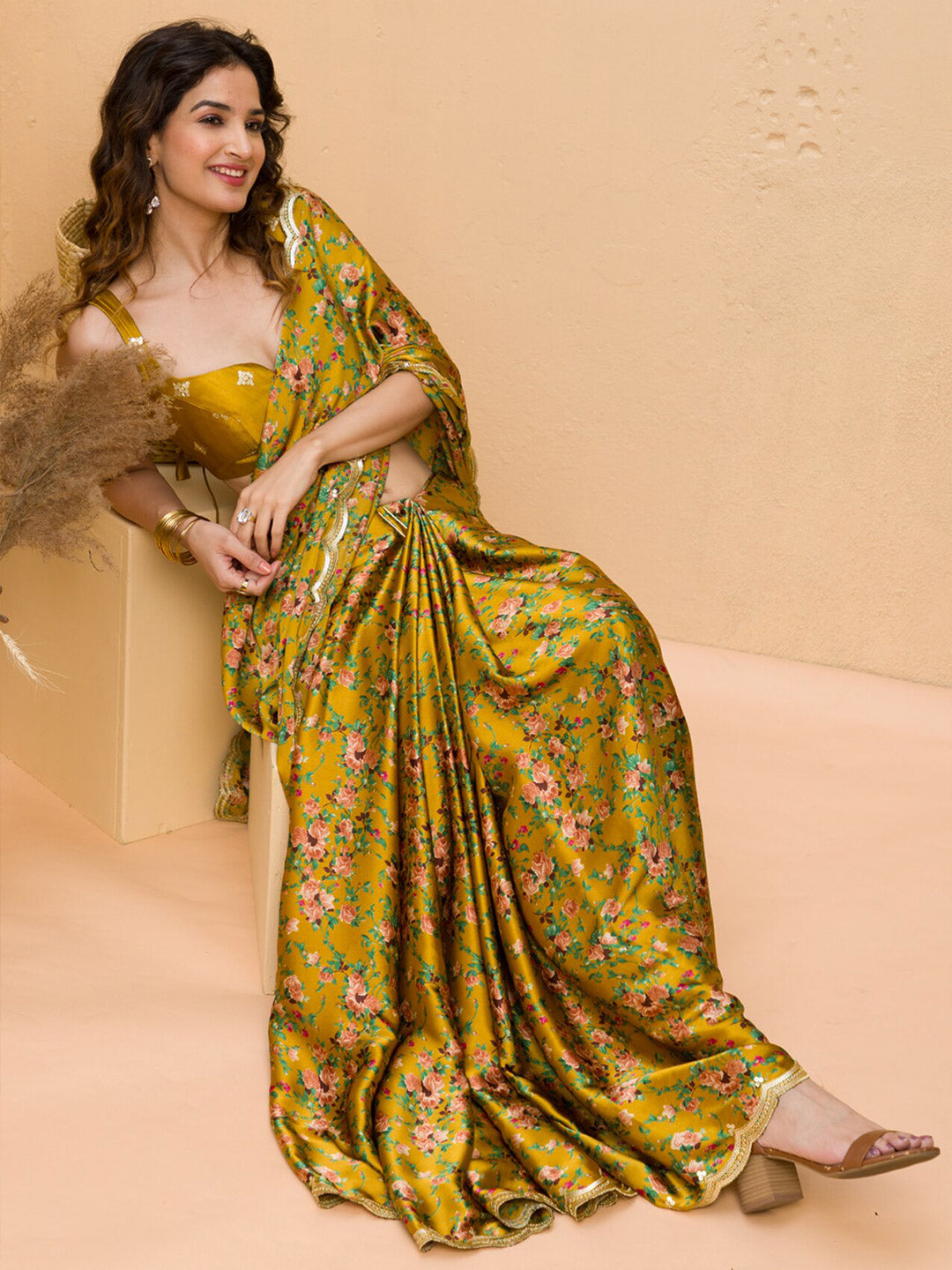 Koskii Floral Printed Gotta Patti Satin Saree - Distacart