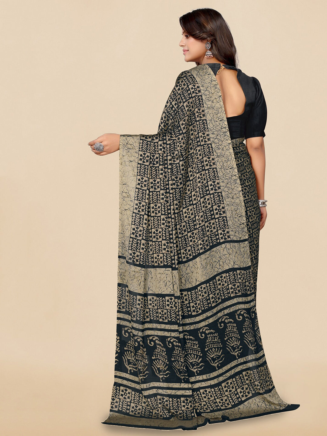 Kalini Black & Beige Batik Printed Chiffon Saree - Distacart
