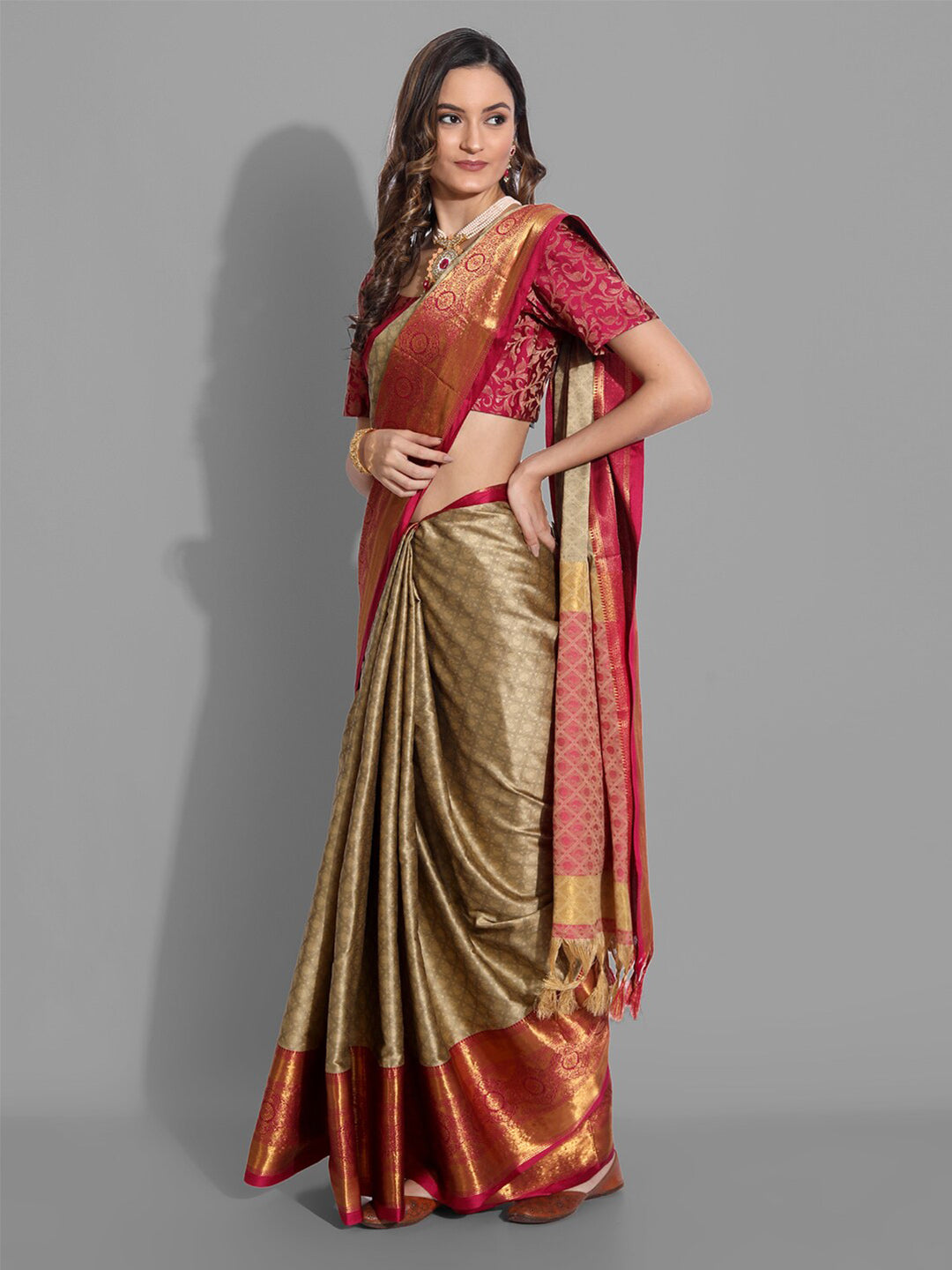 Mitera Beige & Red Woven Design Zardozi Mysore Silk Saree - Distacart