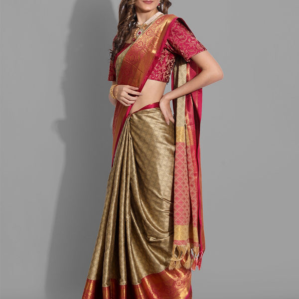 Mitera Beige & Red Woven Design Zardozi Mysore Silk Saree - Distacart