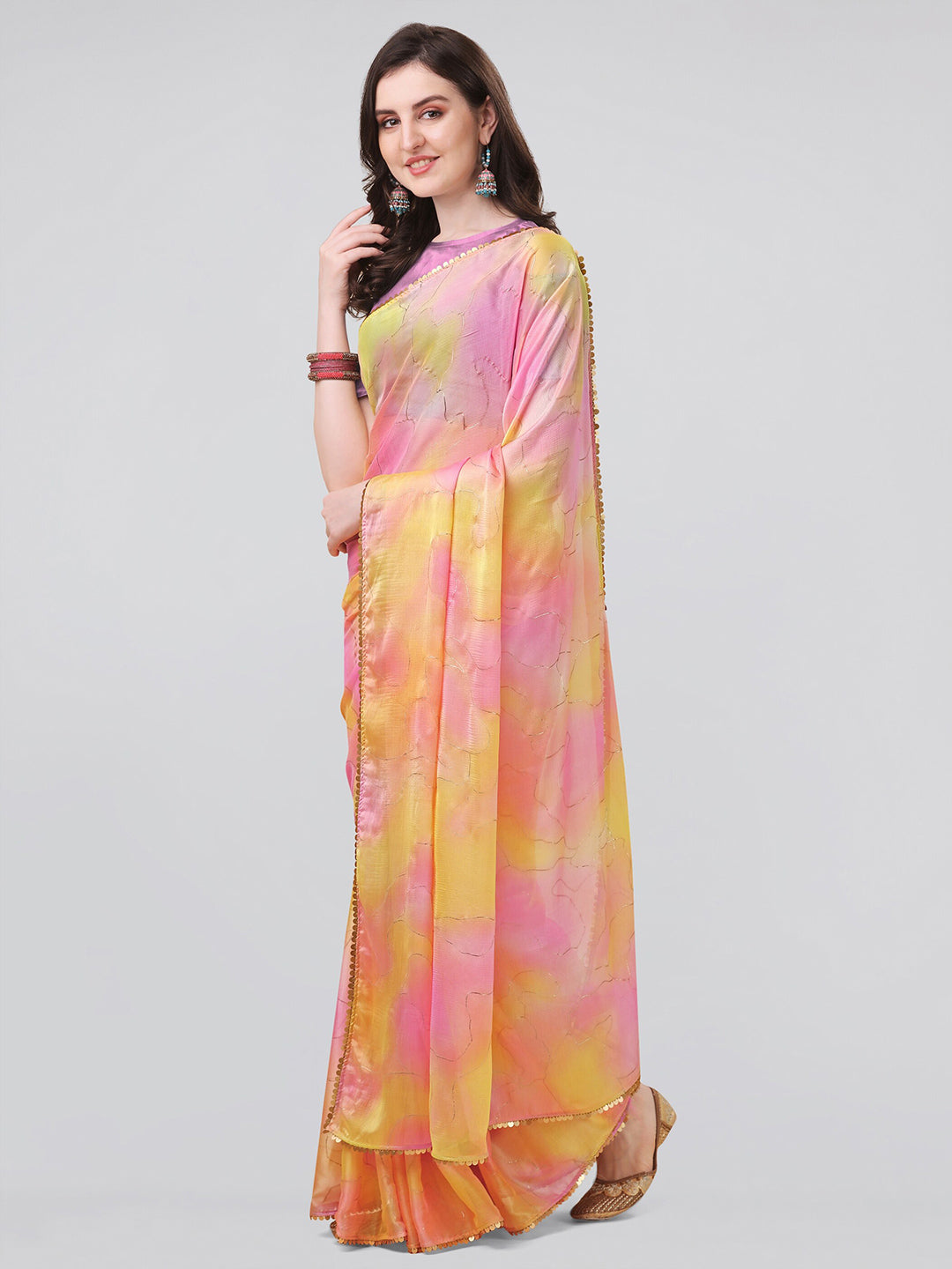 Kalini Yellow & Pink Tie and Dye Sequinned Saree - Distacart