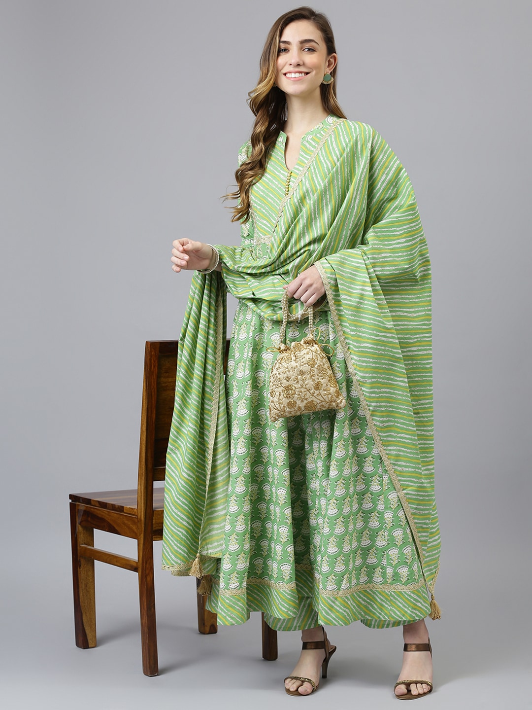 Khushal K Women Green Ethnic Motifs Printed Kurta with Palazzos & With Dupatta - Distacart