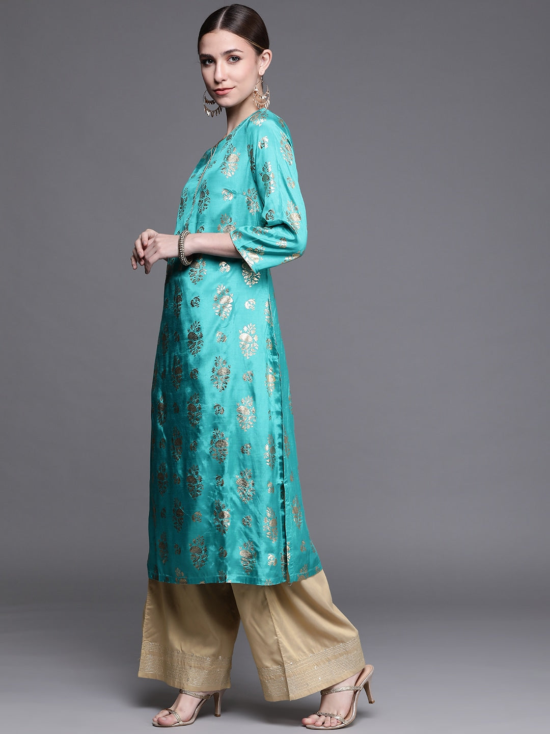 Biba Women Turquoise Blue Ethnic Motifs Foil Printed Keyhole Neck Kurta - Distacart