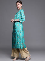 Thumbnail for Biba Women Turquoise Blue Ethnic Motifs Foil Printed Keyhole Neck Kurta - Distacart