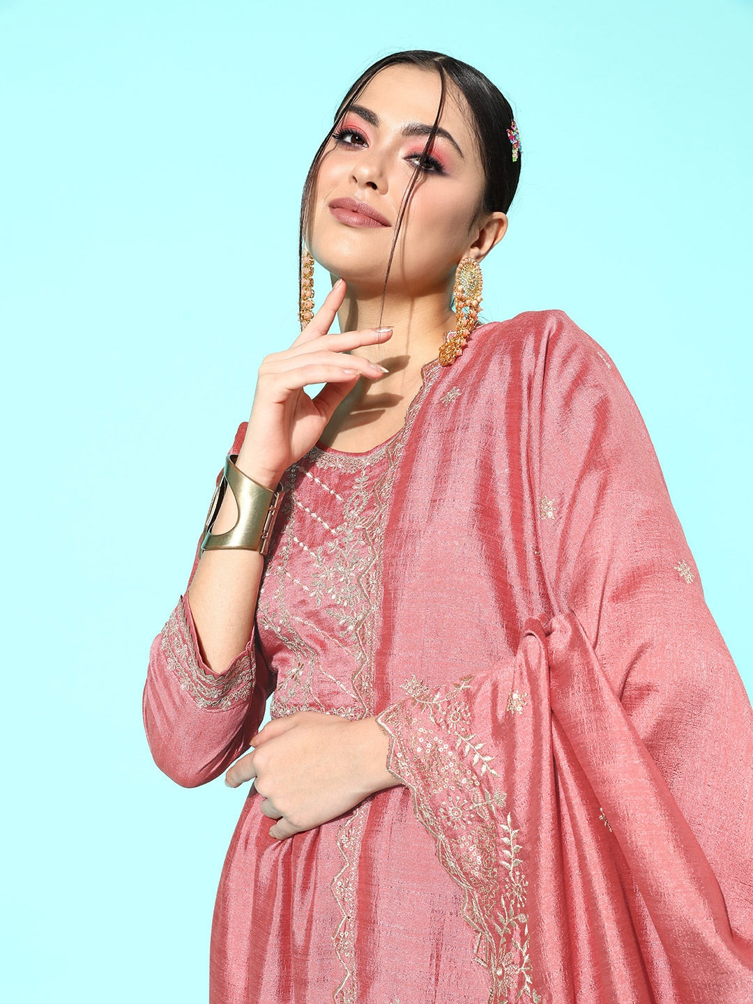 Sangria Floral Embroidered Regular Sequinned Kurta With Trousers & With Dupatta - Distacart
