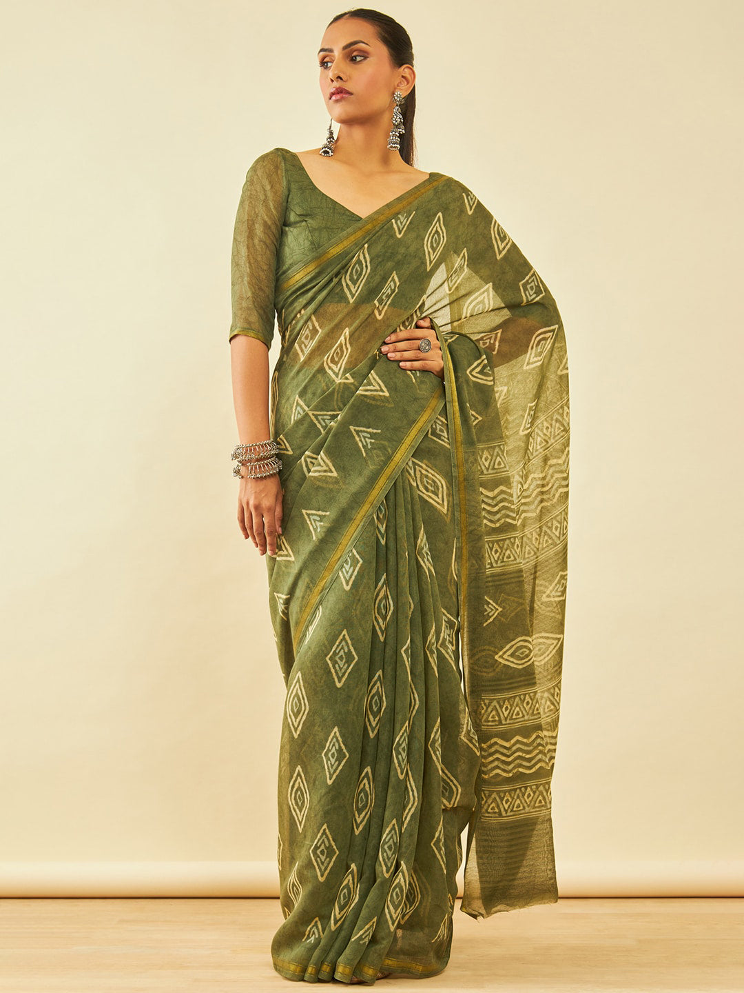Soch Olive Green & Cream-Coloured Geometric Printed Zari Chanderi Saree - Distacart