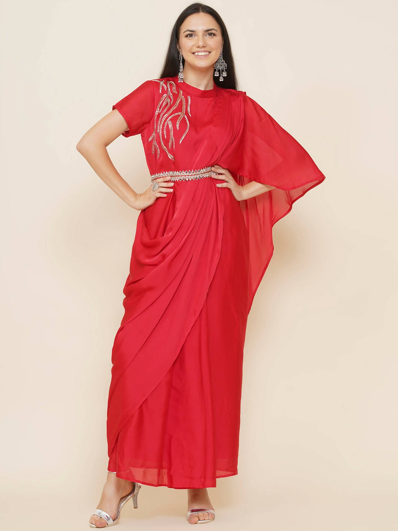 Women Republic Red Hand Embelleshed Gown With Drape - Distacart