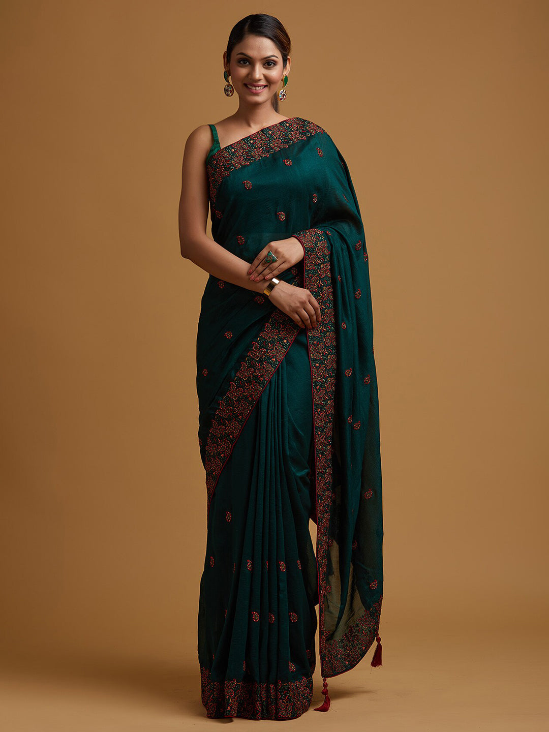 Koskii Green & Red Embroidered Art Silk Saree - Distacart