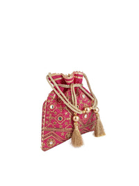 Thumbnail for Masq Pink & Gold-Toned Embroidered Potli Clutch - Distacart