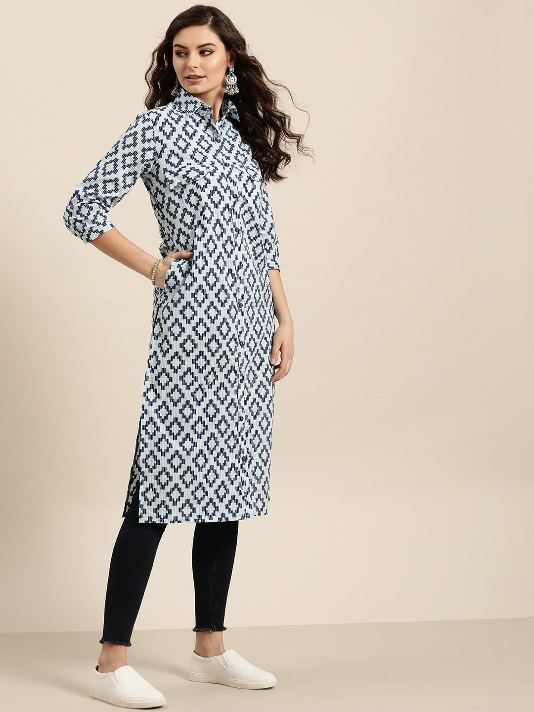 Sangria Women Navy Blue & Grey Pure Cotton Geometric Printed Kurta - Distacart