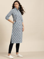 Thumbnail for Sangria Women Navy Blue & Grey Pure Cotton Geometric Printed Kurta - Distacart