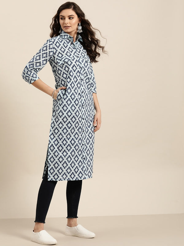 Sangria Women Navy Blue & Grey Pure Cotton Geometric Printed Kurta - Distacart