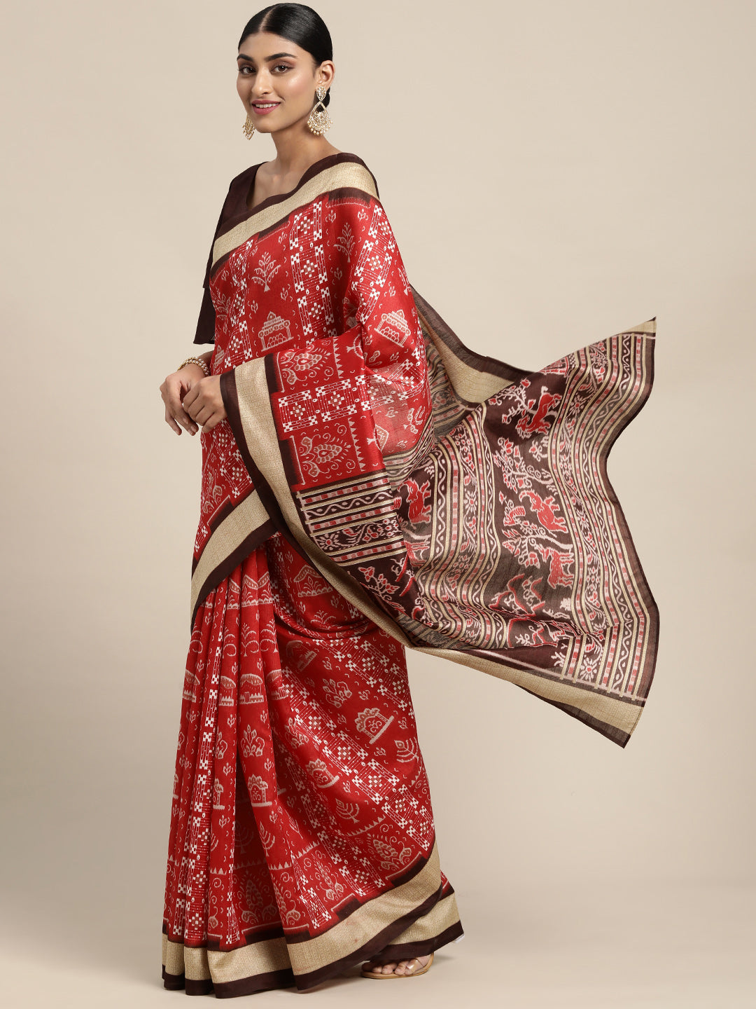 Kalini Red & White Ethnic Motifs Art Silk Sambalpuri Saree - Distacart