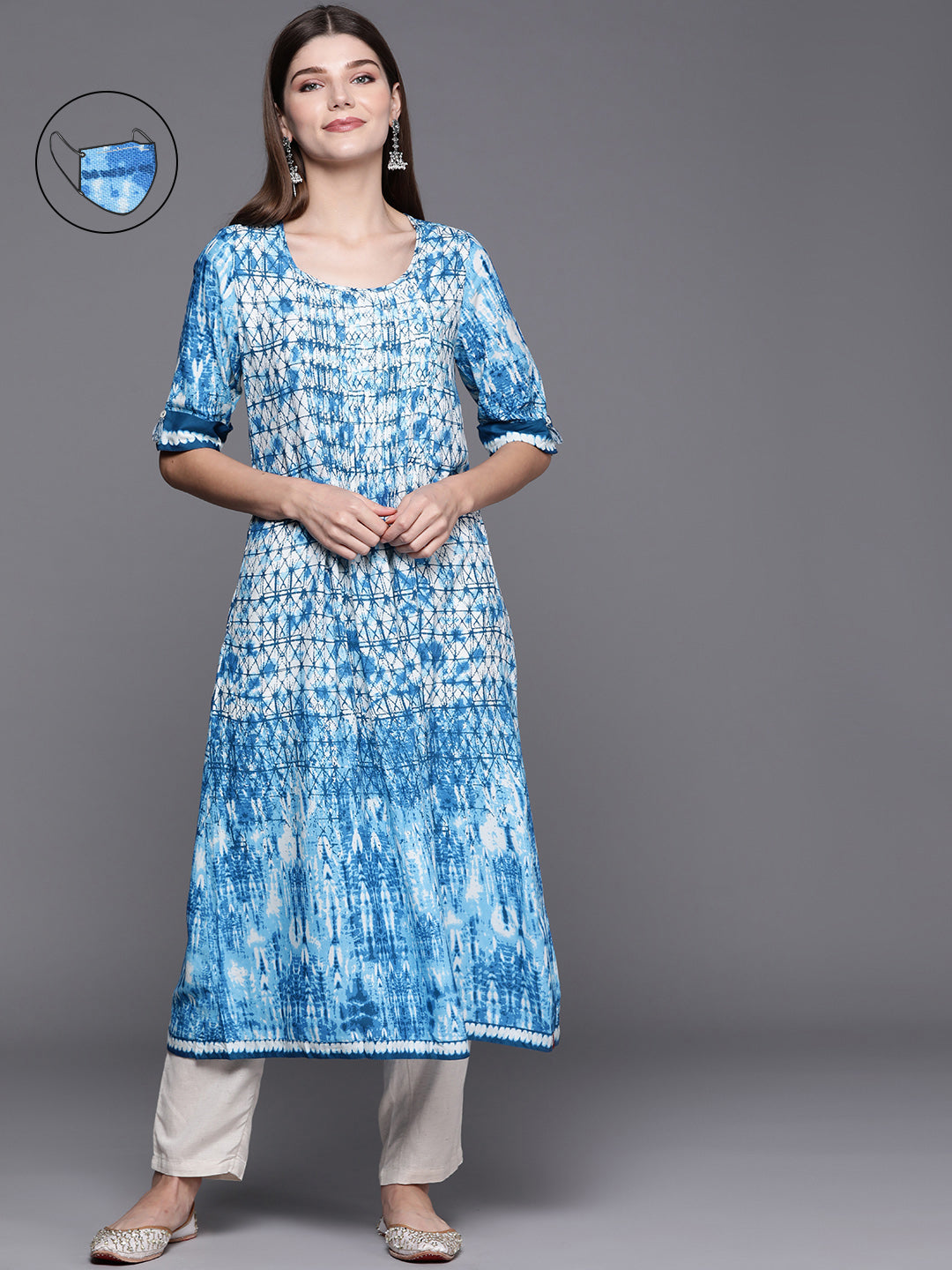 Biba Women Blue Dyed Kurta with Mask - Distacart