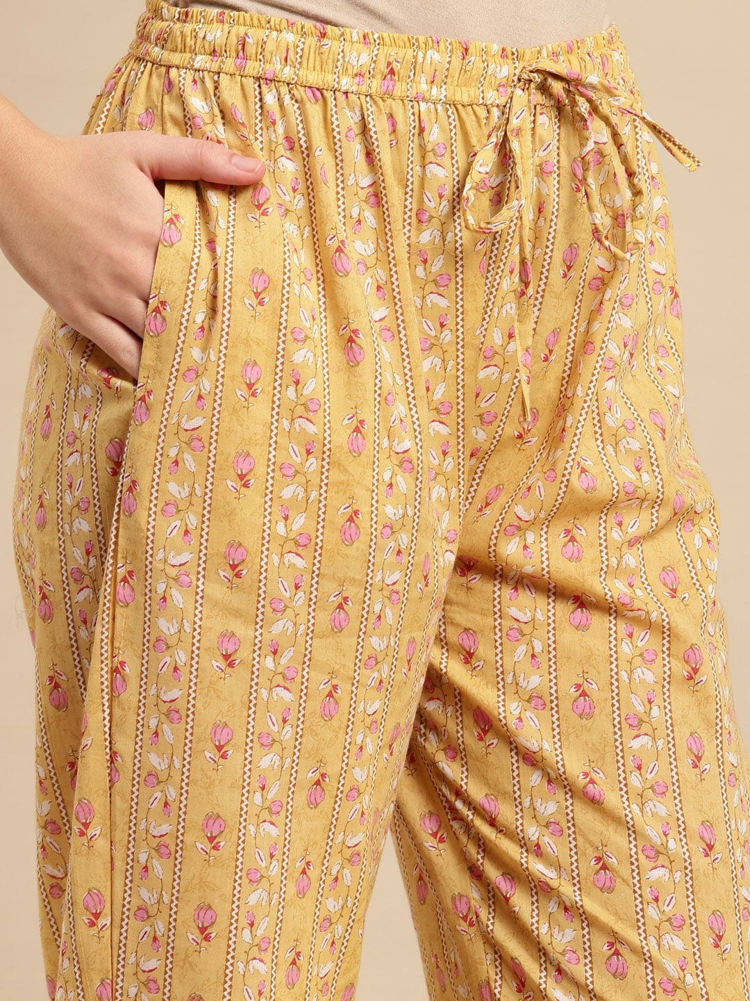 Sangria Yellow & Pink Floral Printed Pure-Cotton Straight Kurta With Trouser & Dupatta - Distacart
