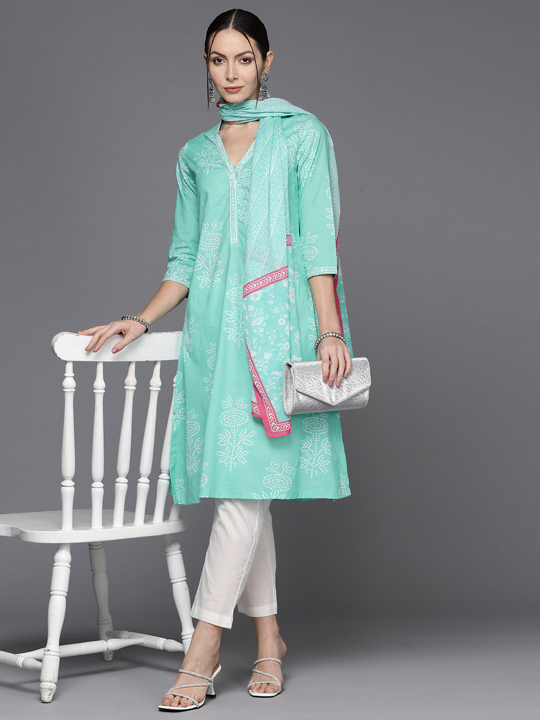 Biba Women Bandhani Printed Regular Mirror Work Pure Cotton Kurta with Trousers & Dupatta - Distacart