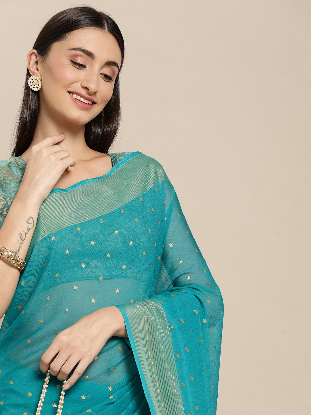 Mitera Blue & Gold-Toned Floral Zari Pure Chiffon Saree - Distacart