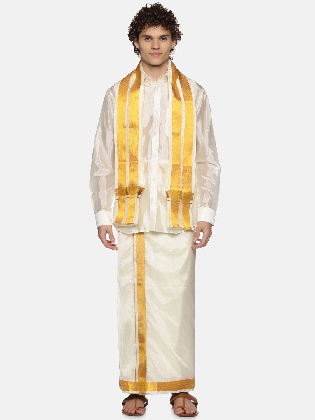 Sethukrishna Men Cream Solid With Angavastram - Distacart
