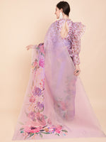 Thumbnail for Sangria Lavender & Green Floral Organza Saree - Distacart