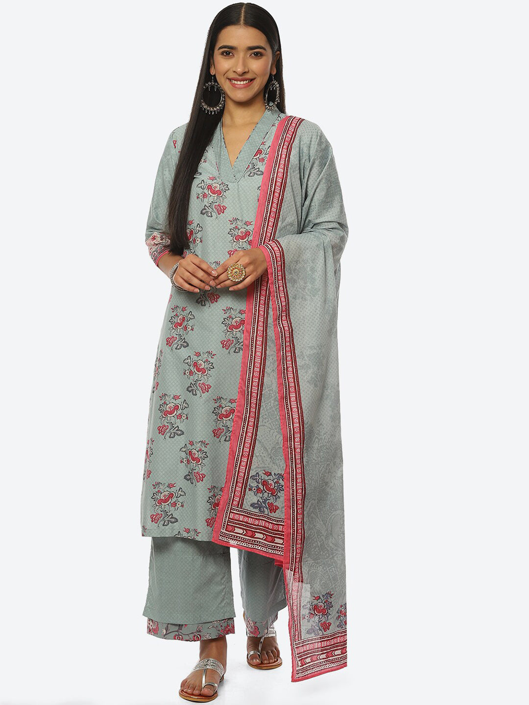 Biba Women Floral Printed V-Neck Kurta with Palazzos & Dupatta - Distacart