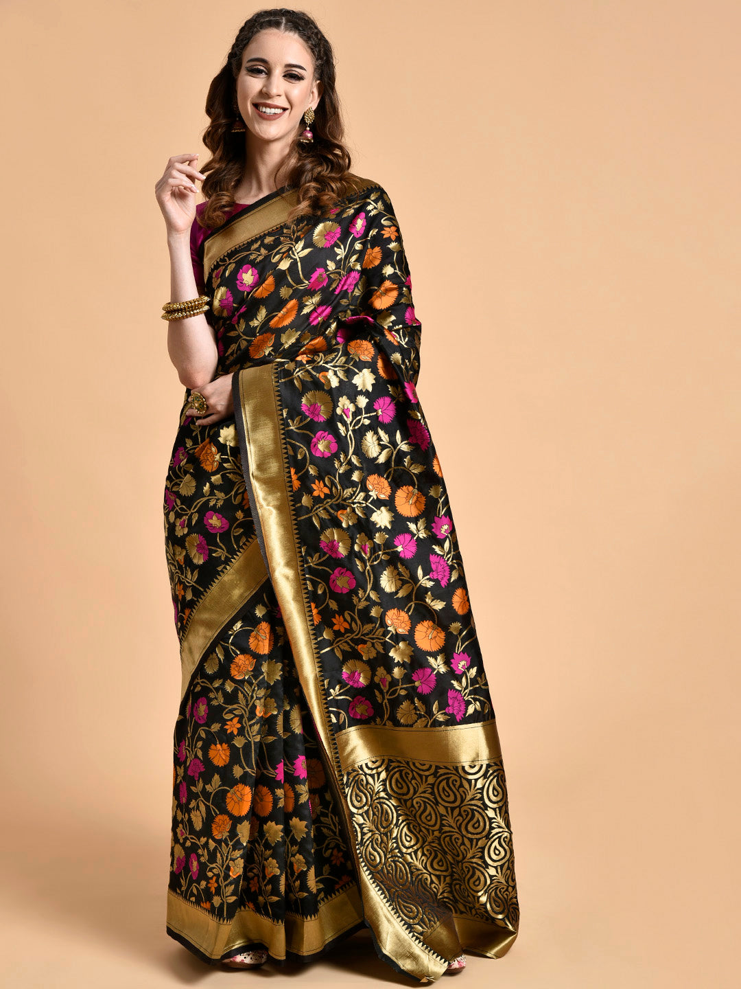 Sangria Black & Pink Floral Zari Silk Blend Banarasi Saree - Distacart
