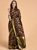 Thumbnail for Sangria Black & Pink Floral Zari Silk Blend Banarasi Saree - Distacart