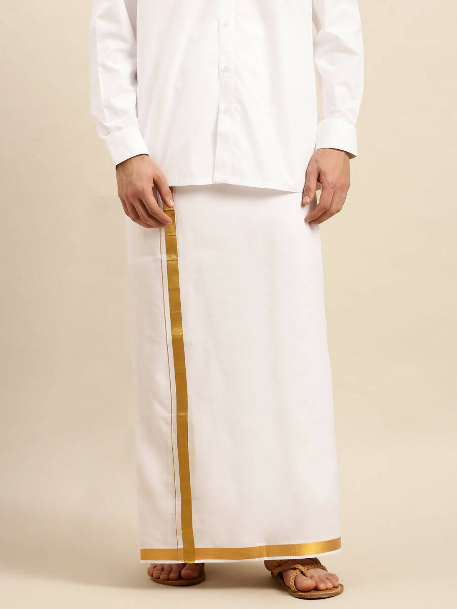 Ramraj Cotton Mens Pure Cotton 1 Inch Gold Jari Dhoti - White - Distacart