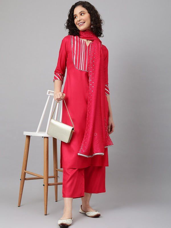 Khushal K Notched Neck Gotta Patti Mirror Work Straight Kurta with Palazzos & Dupatta - Distacart