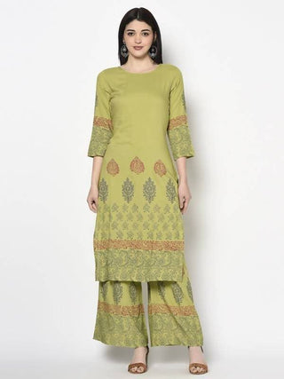 Aniyah Rayon Parrot Green Color Block Print Straight Kurta (AN-198K)