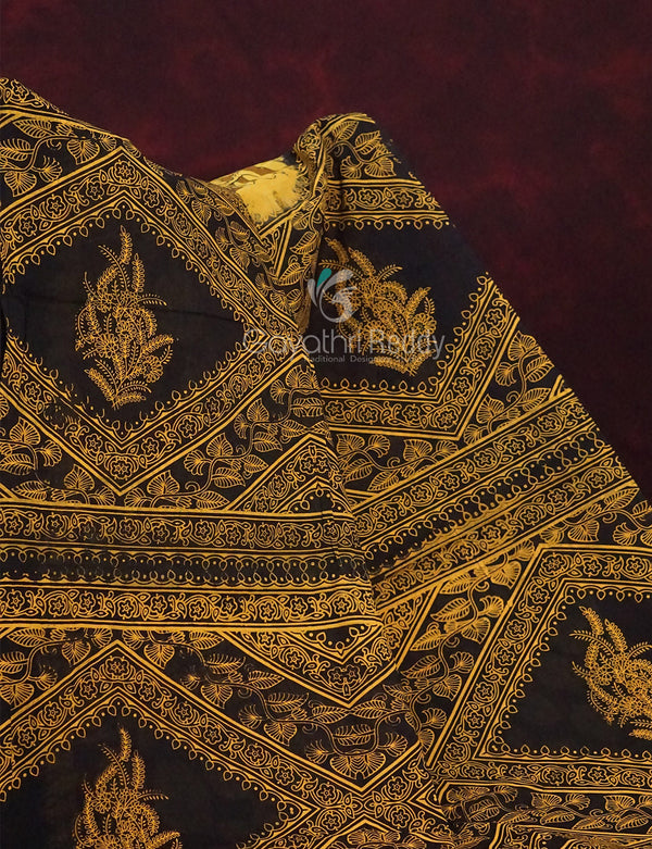 Mustard Yellow And Chikoo Coloured Block Print Handloom Mulmul Cotton Saree By Gayathri Reddy Designer Studio - Distacart