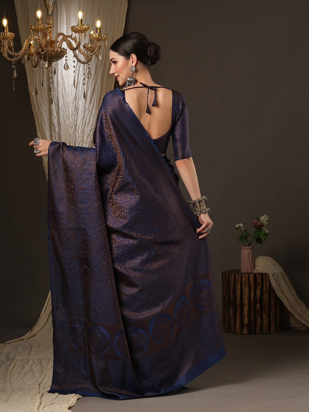 Saree Mall Navy Blue & Gold-Toned Woven Design Zari Silk Blend Banarasi Sarees - Distacart