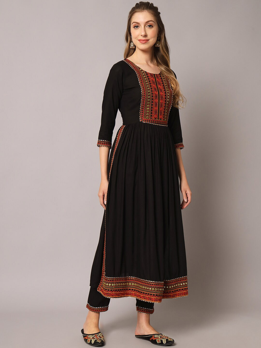 Kalini Ethnic Motifs Yoke Design Mirror Work Pleated Kurta & Trousers With Dupatta - Distacart