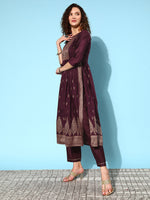 Thumbnail for Sangria Ethnic Motifs Yoke Design Pleated Chanderi Silk Kurta with Trousers & Dupatta - Distacart